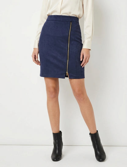 Jupe courte taille haute en suédine - Marine