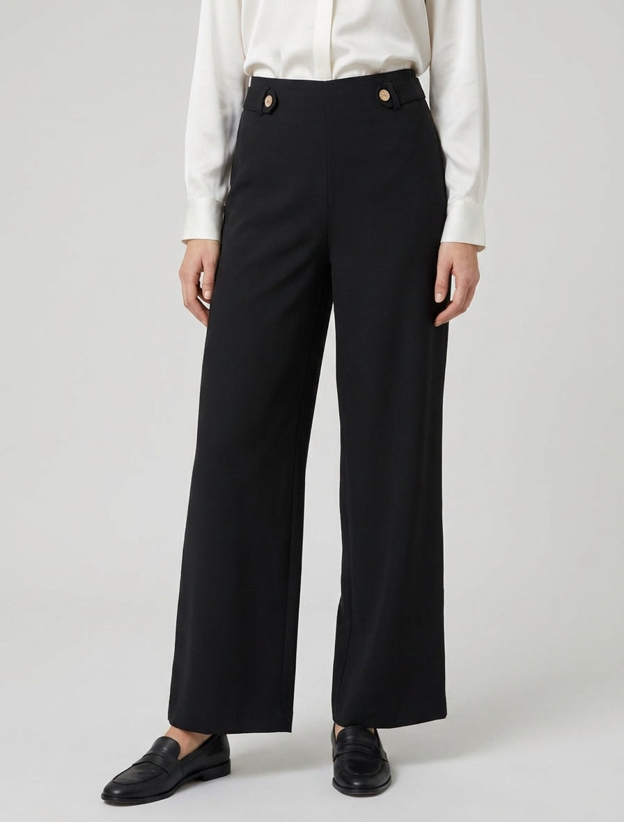 Pantalon fluide taille haute élastiquée - Noir