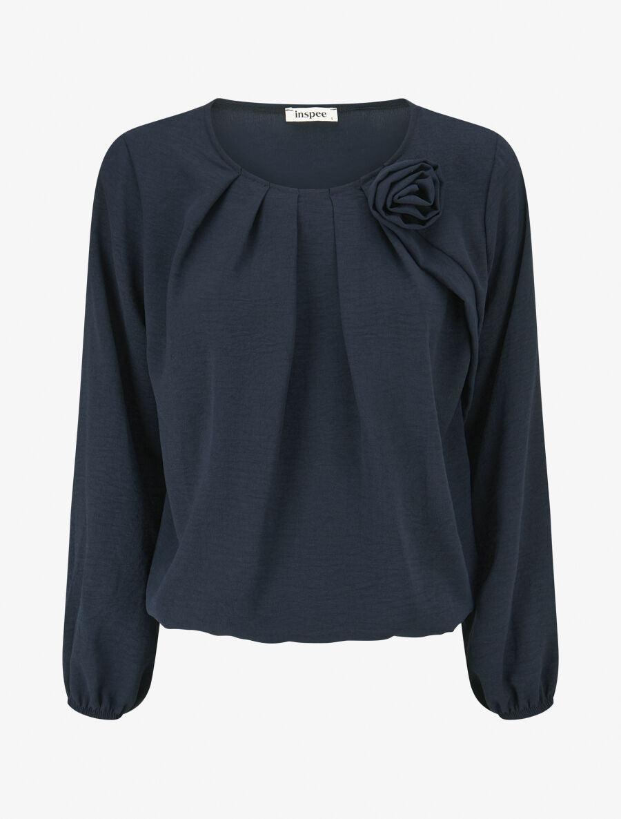 Top plissé à fleur en relief - Marine - 4
