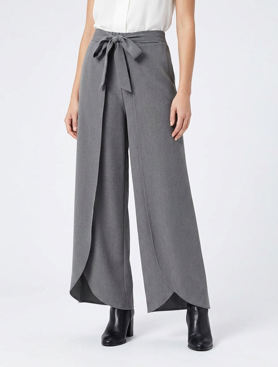 Pantalon fluide taille haute à pans - Gris
