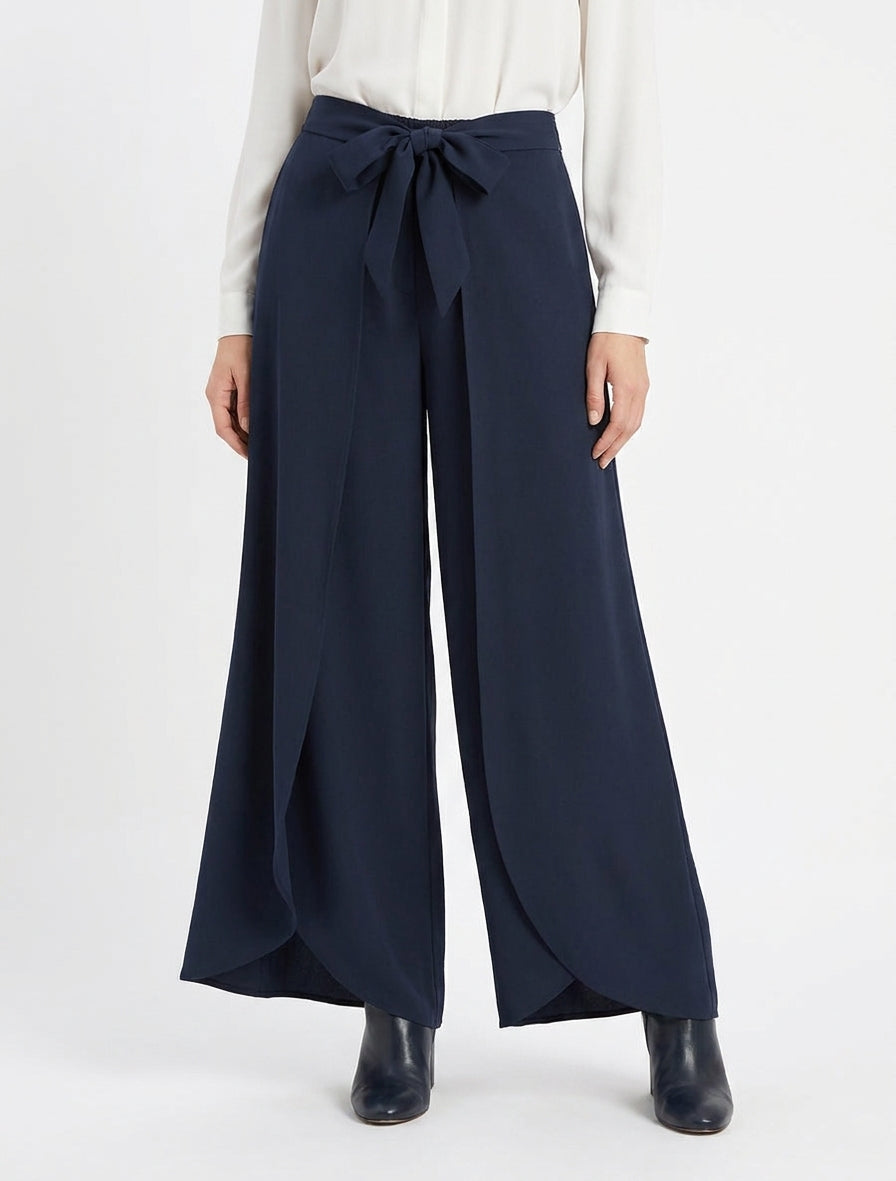 Pantalon fluide à pans croisés taille haute - Marine