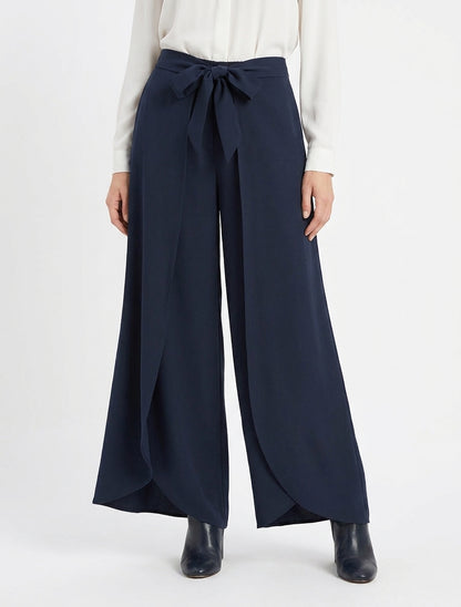 Pantalon fluide à pans croisés taille haute - Marine