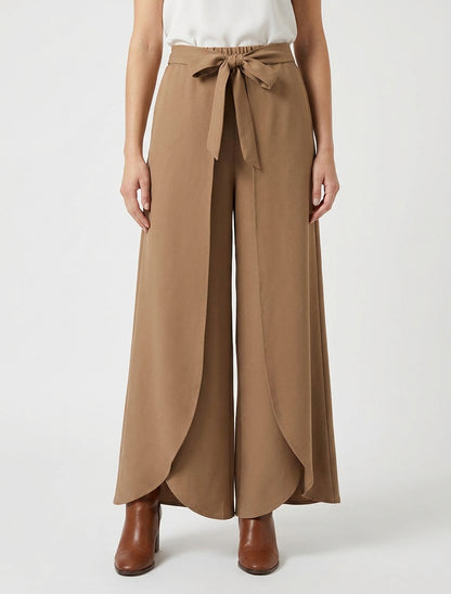 Pantalon fluide taille haute à pans - Camel