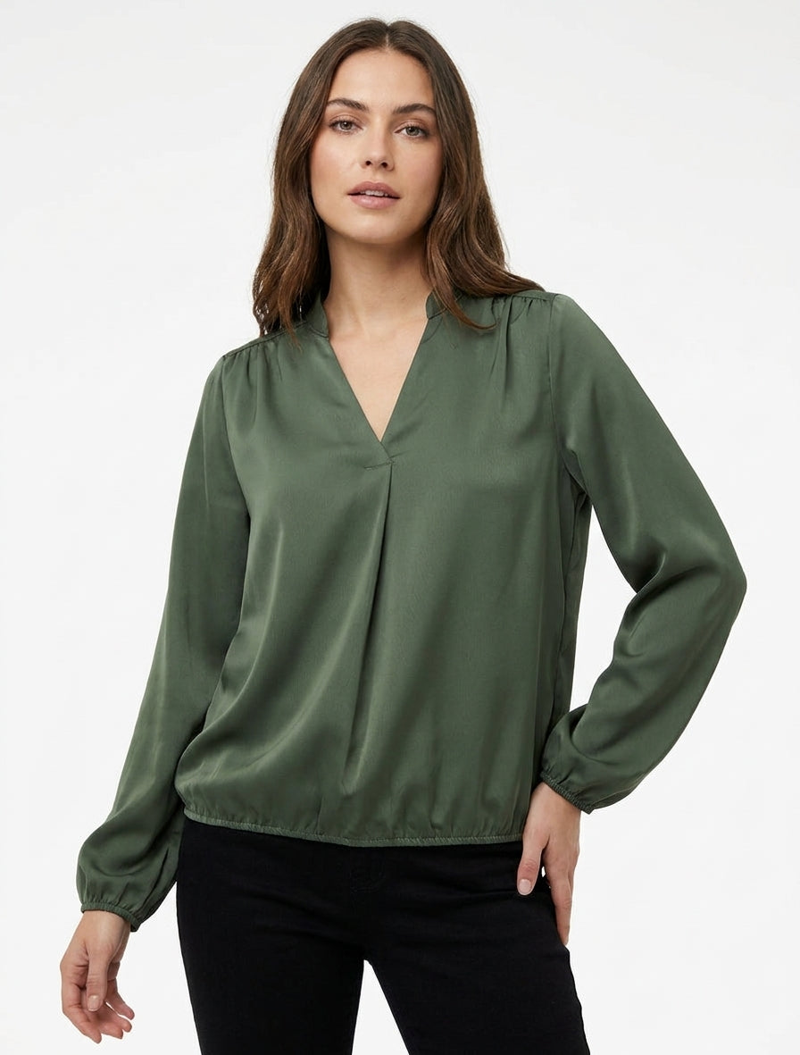 Top satiné boule col V - Kaki