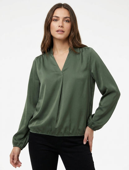 Top satiné boule col V - Kaki