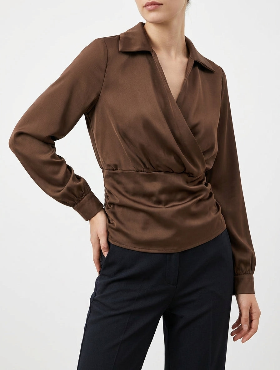 Top satiné à manches longues boutonnées - Marron