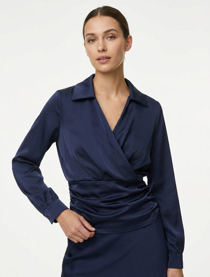 Top satiné à manches boutonnées - Marine