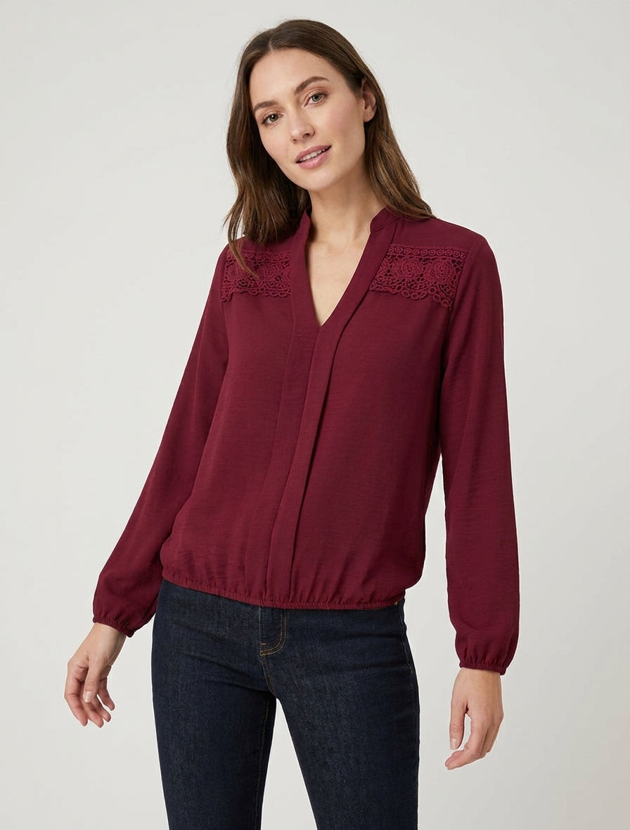 Top boule manches longues dentelle - Bordeaux