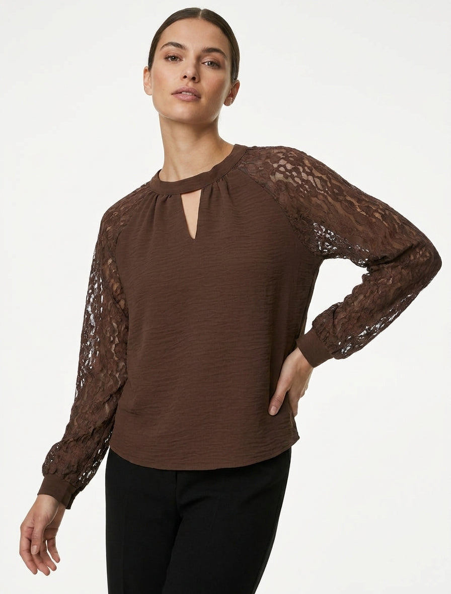 Top fluide col montant en dentelle - Marron