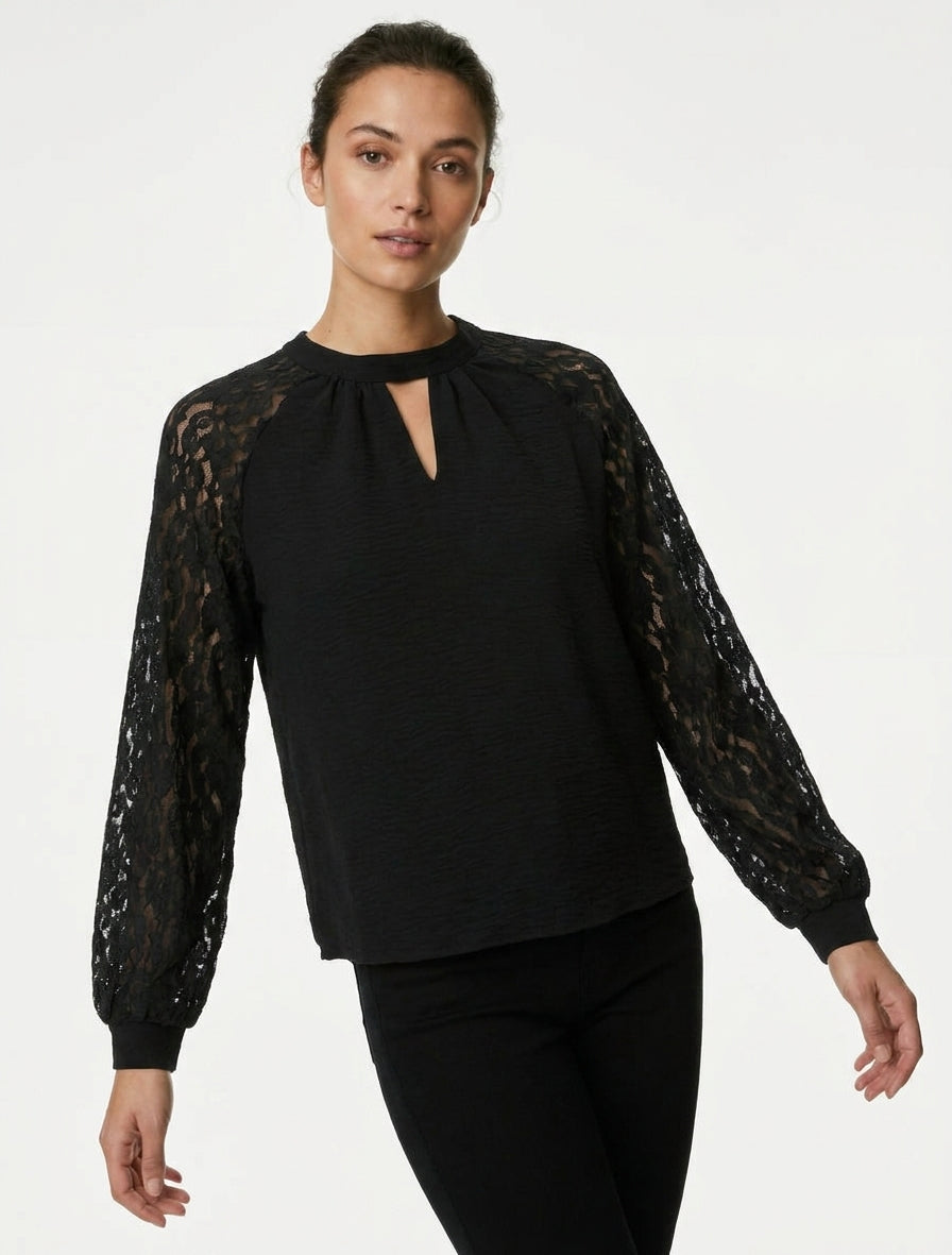 Top fluide col ajouré en dentelle - Noir