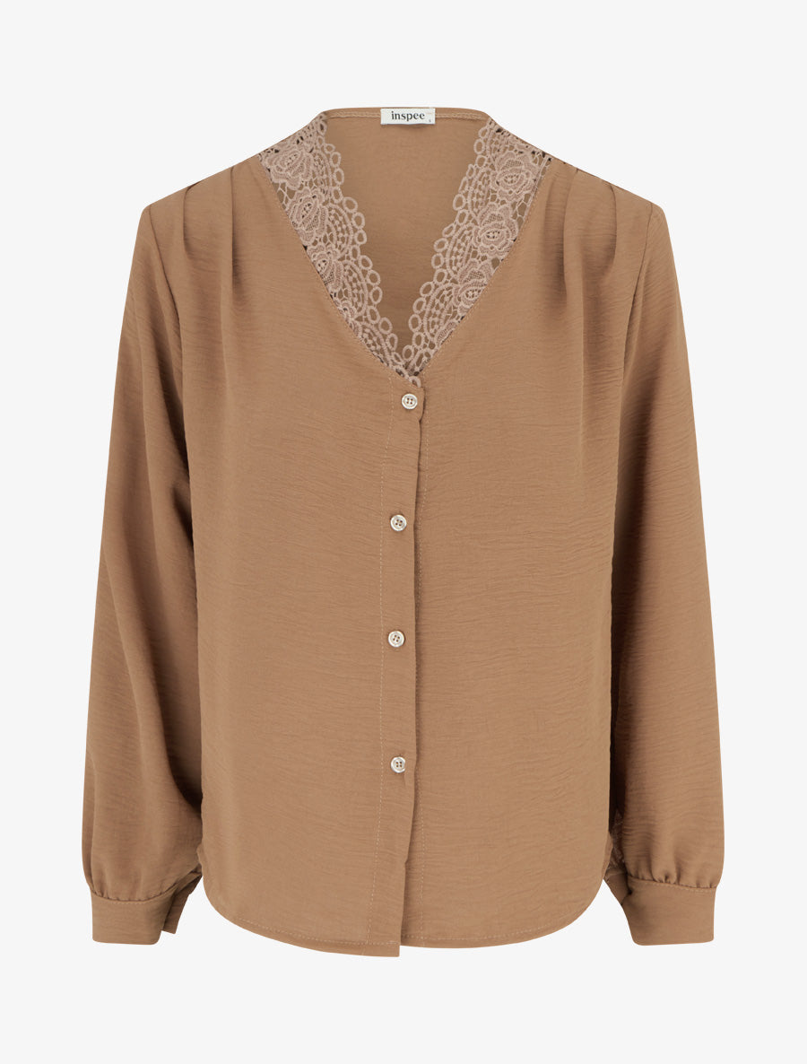 Blouse droite à col V en dentelle - Camel - 1
