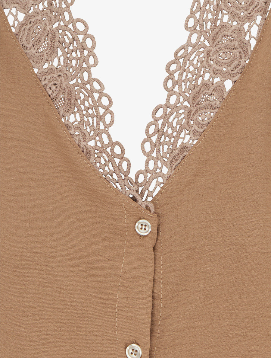 Blouse droite à col V en dentelle - Camel - 3