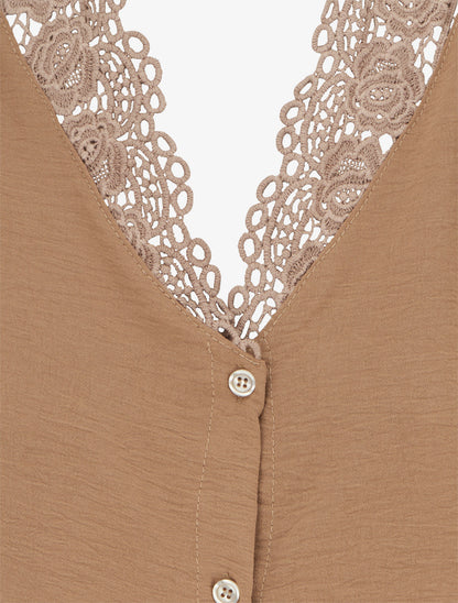 Blouse droite à col V en dentelle - Camel - 3