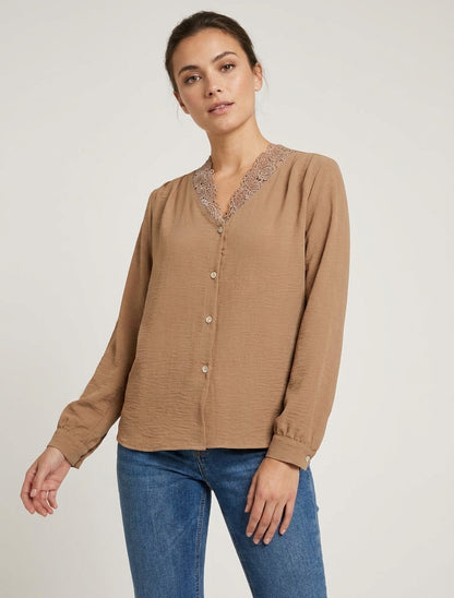 Blouse fluide à dentelle - Camel
