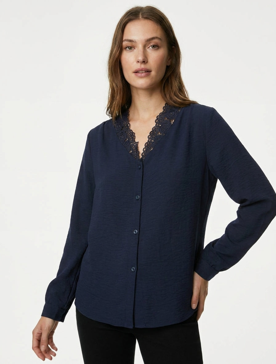 Blouse fluide à dentelle - Marine