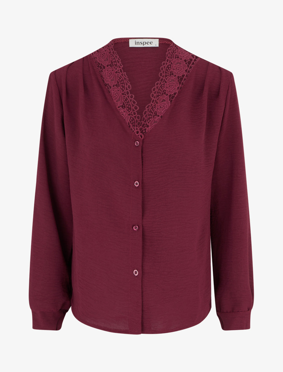 Blouse droite à col V en dentelle - Lie de vin - 1