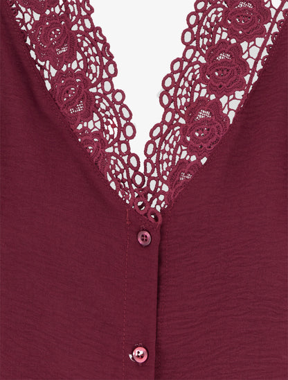 Blouse droite à col V en dentelle - Lie de vin - 3