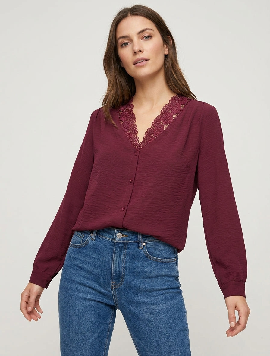 Blouse fluide à dentelle col V - Lie de vin