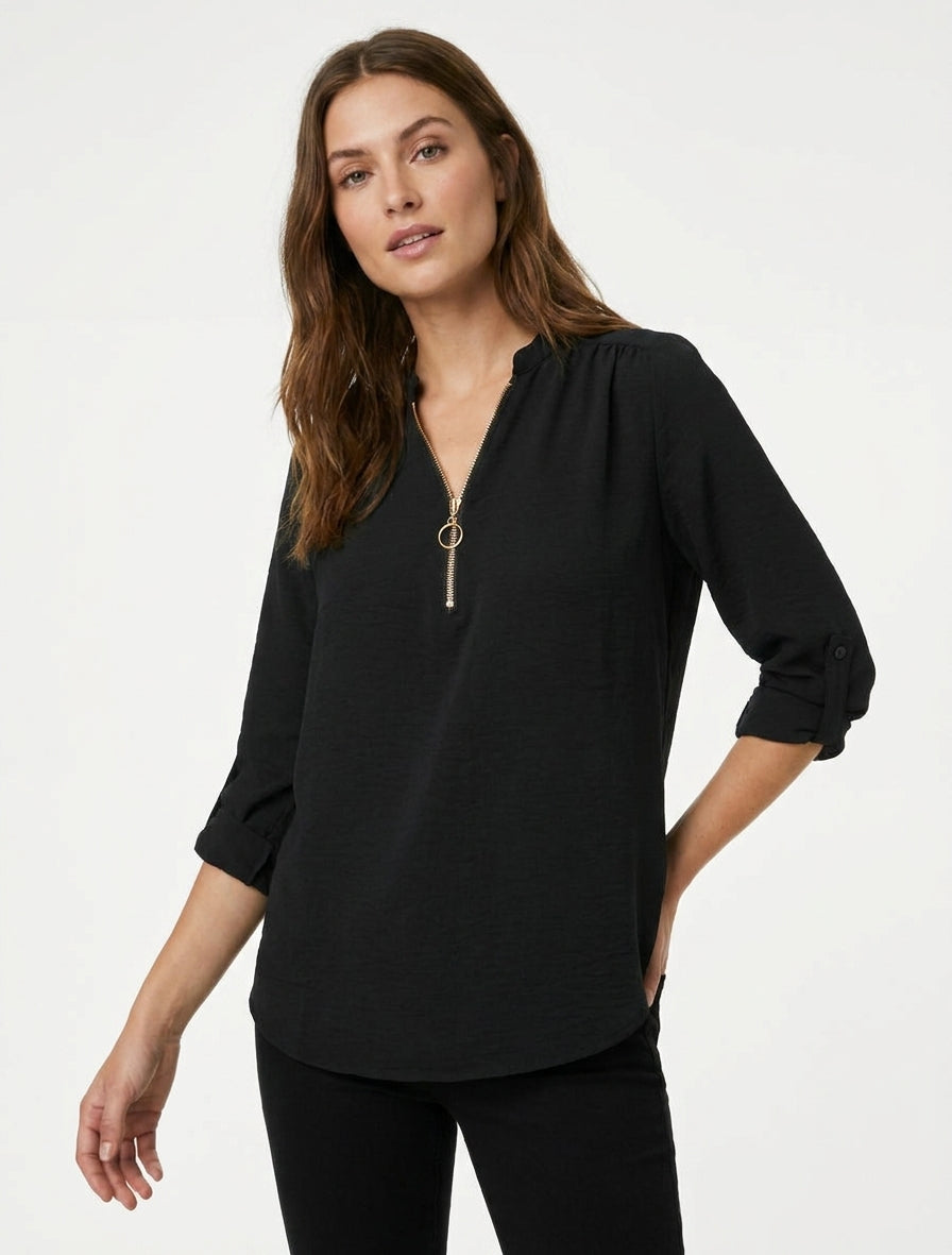 Top fluide manches retroussables - Noir