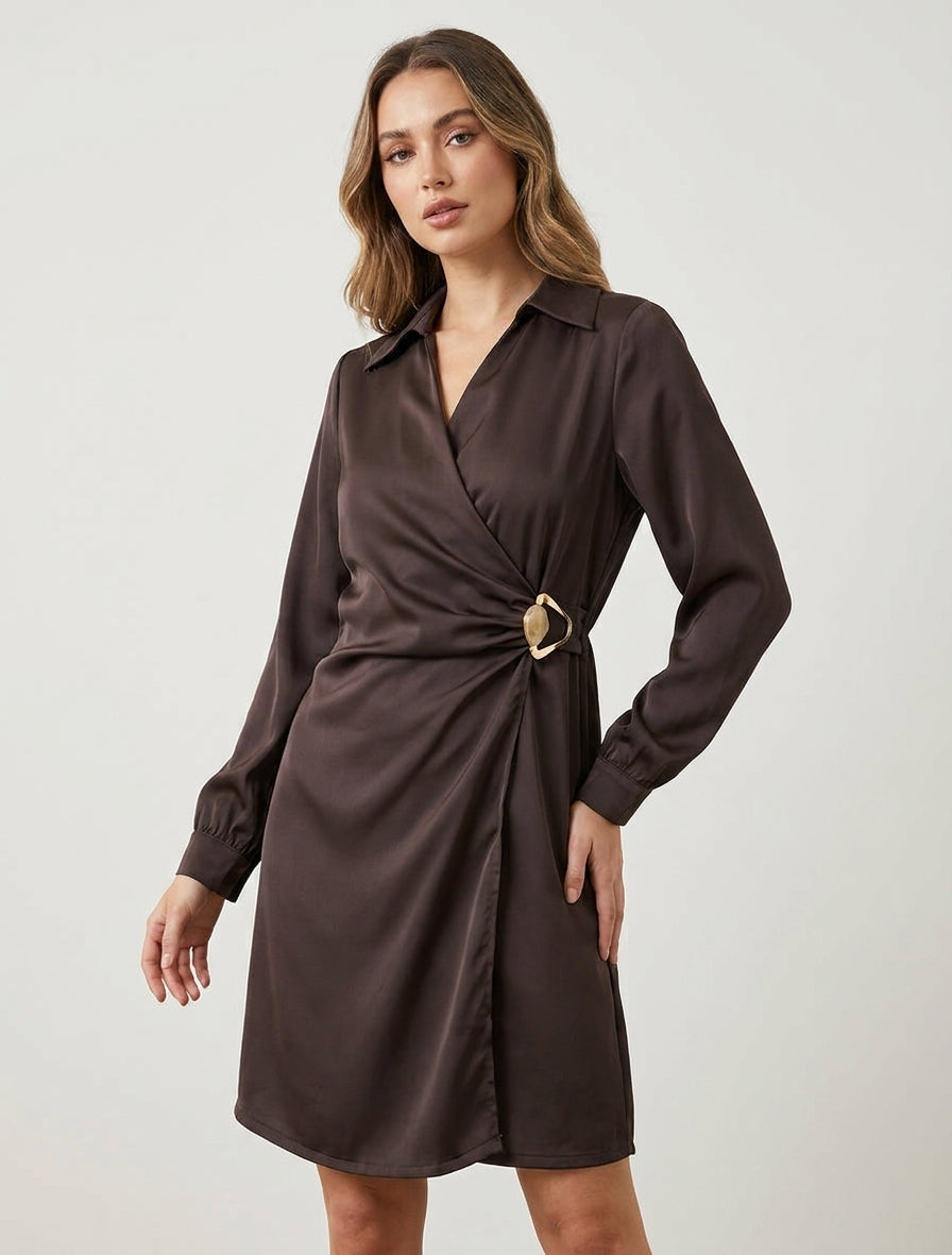 Robe portefeuille satinée cache-cœur - Marron