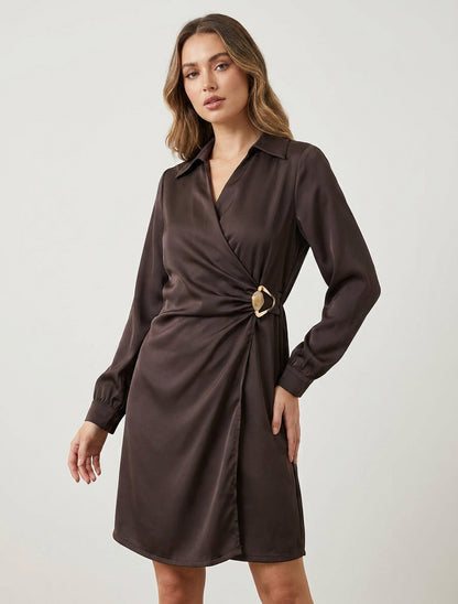 Robe portefeuille satinée cache-cœur - Marron
