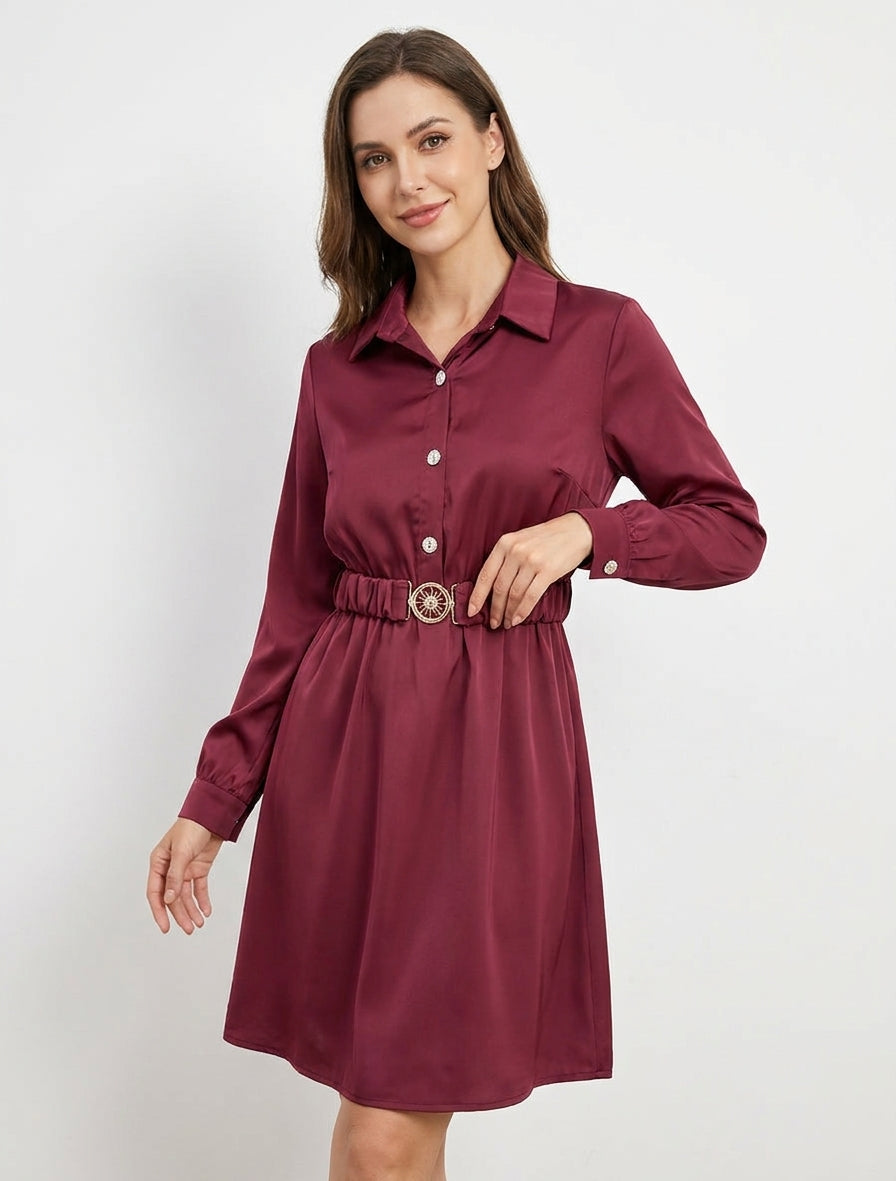 Robe chemise satinée ceinturée - Lie de vin