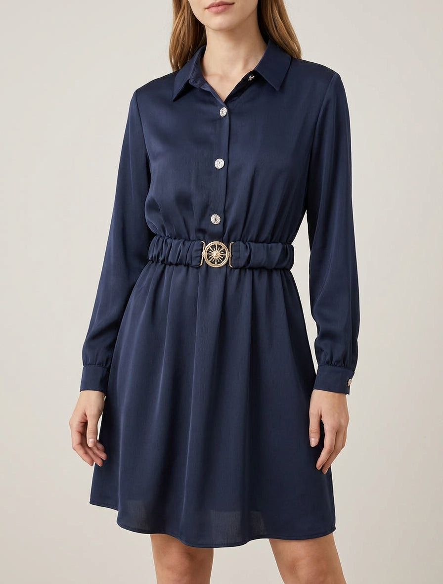 Robe chemise satinée ceinturée - Marine