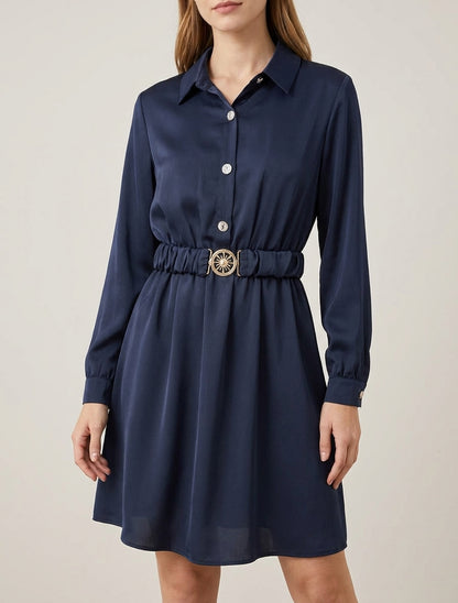 Robe chemise satinée ceinturée - Marine