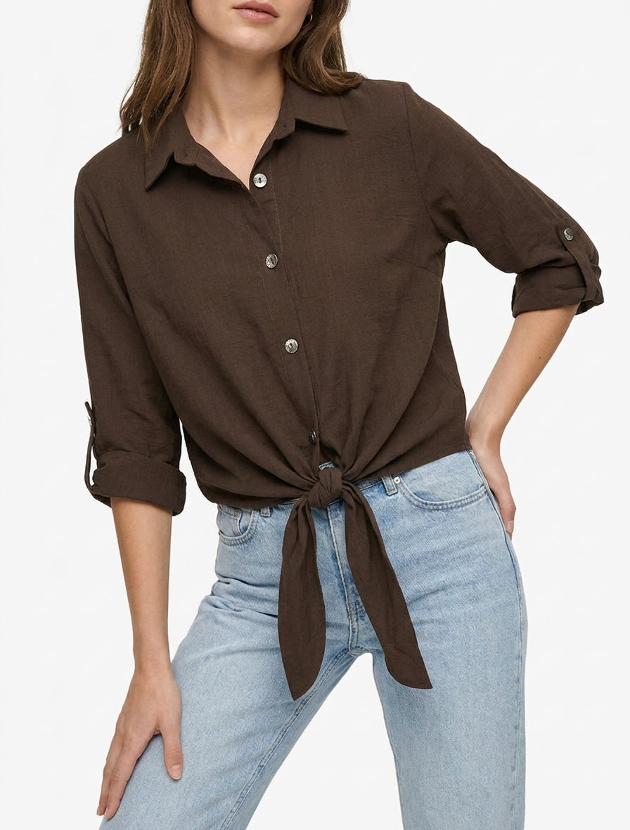 Chemise fluide à liens noués - Marron