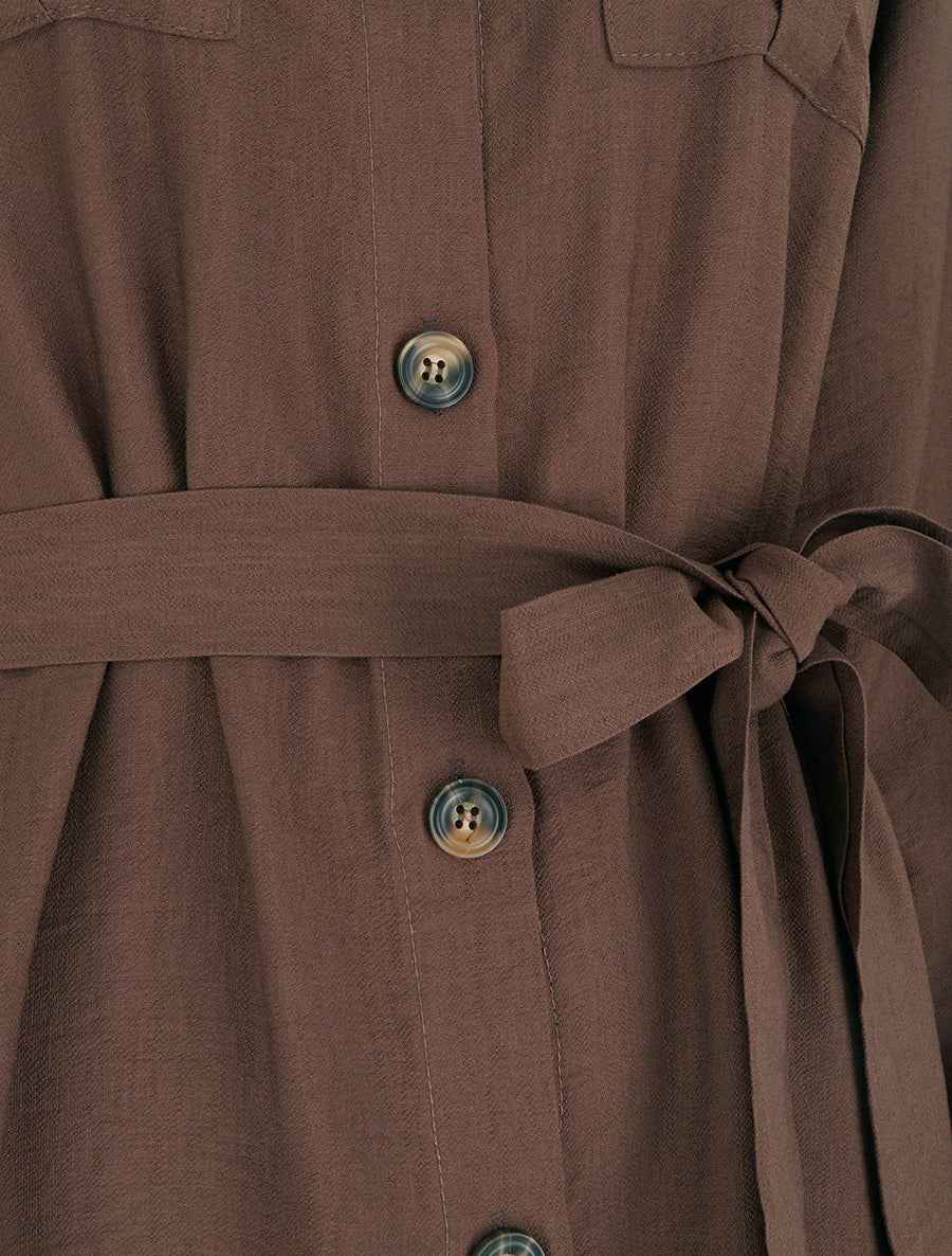 Robe chemise unie à nouer - Marron - 3