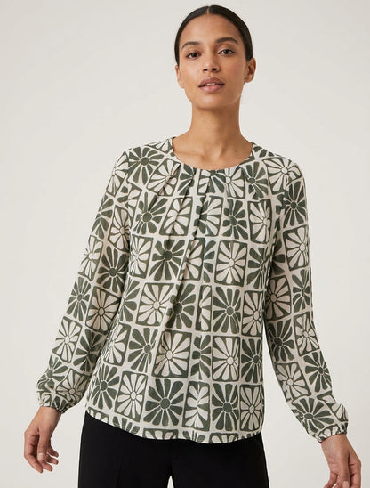 Top boule col rond plissé marguerites - Kaki