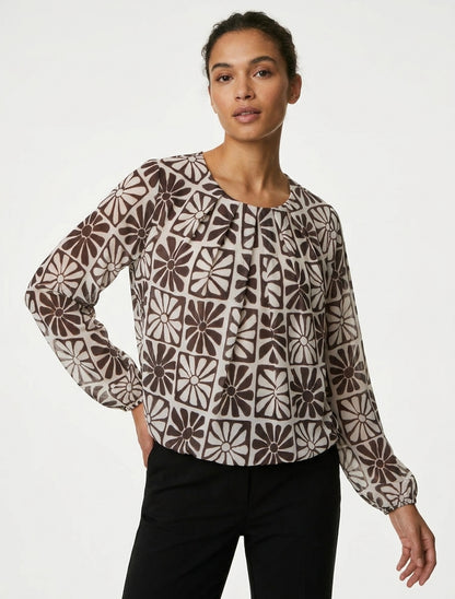 Top boule col plissé imprimé marguerites - Marron