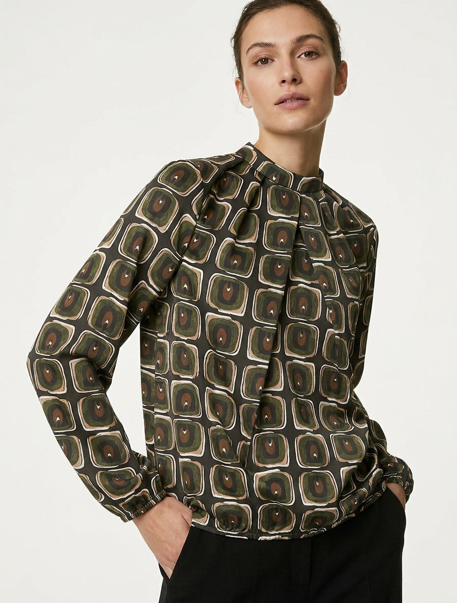 Blouse satinée col montant imprimé - Kaki