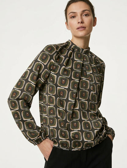 Blouse satinée col montant imprimé - Kaki