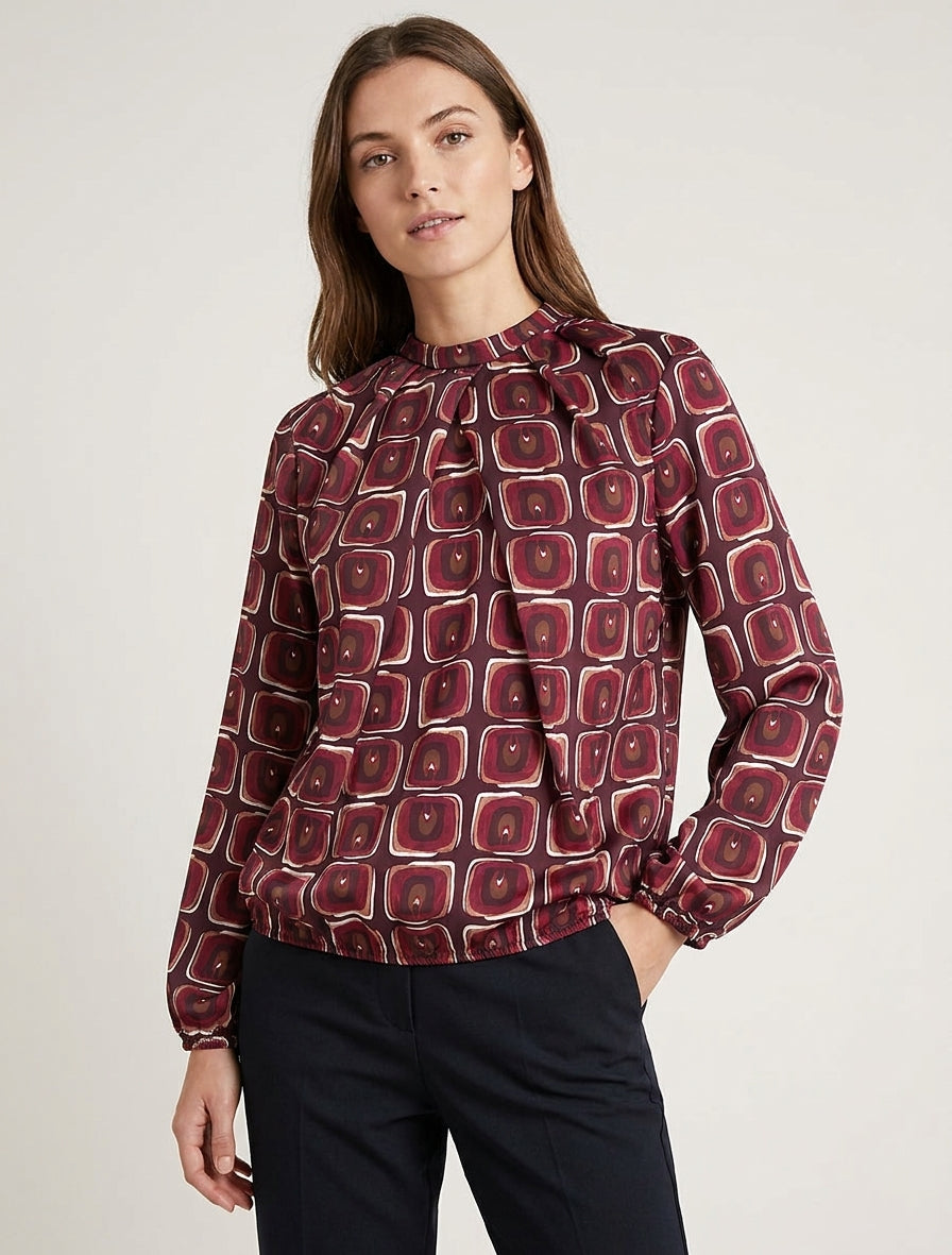 Blouse satinée col montant imprimé - Lie de vin