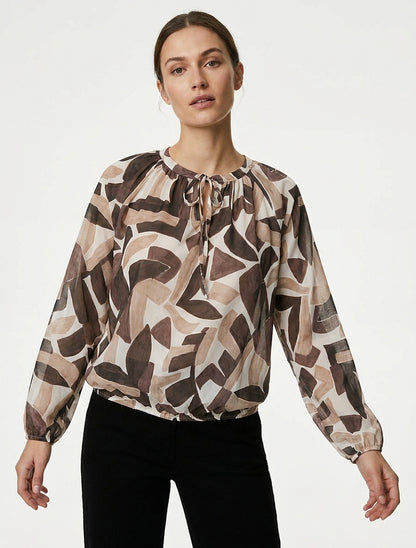 Blouse voile col à nouer manches longues - Marron