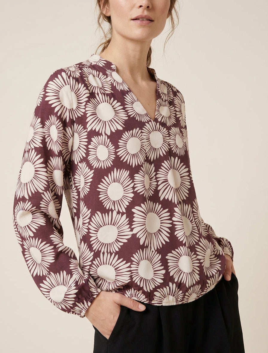 Blouse fluide col V imprimé fleurs - Prune