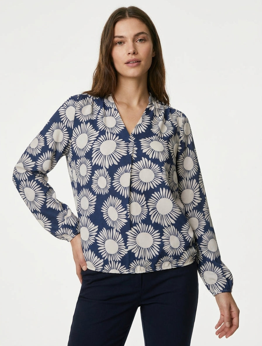 Blouse fluide col V imprimé fleurs - Marine