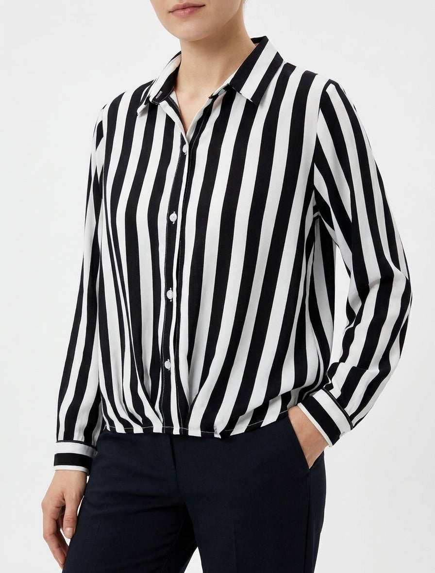 Blouse chemise coupe boule rayée - Noir
