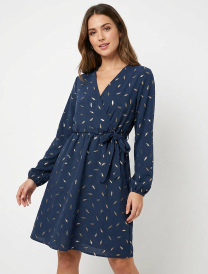 Robe fluide cache-cœur à nouer - Marine