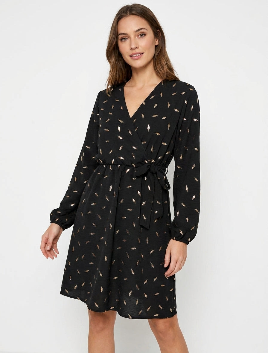 Robe fluide col cache-cœur à nouer - Noir