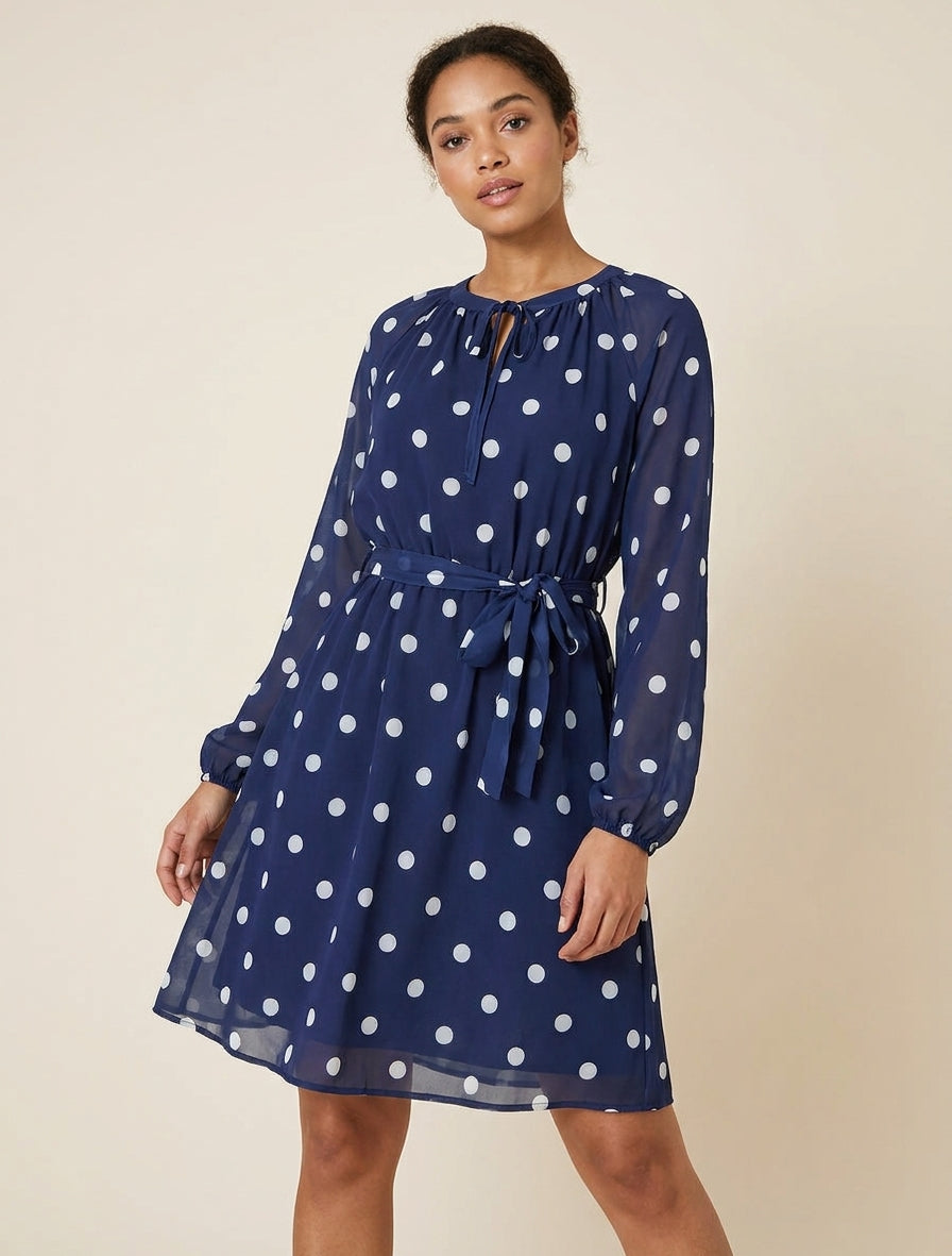 Robe fluide à pois col noué - Marine