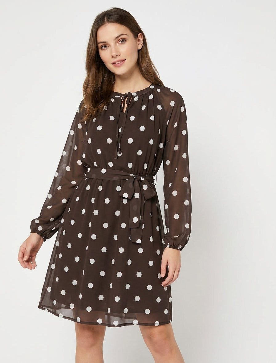 Robe fluide à pois à nouer - Marron
