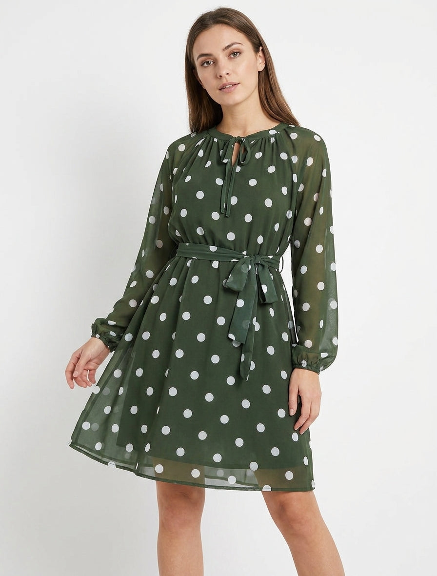 Robe fluide à col noué et pois - Kaki