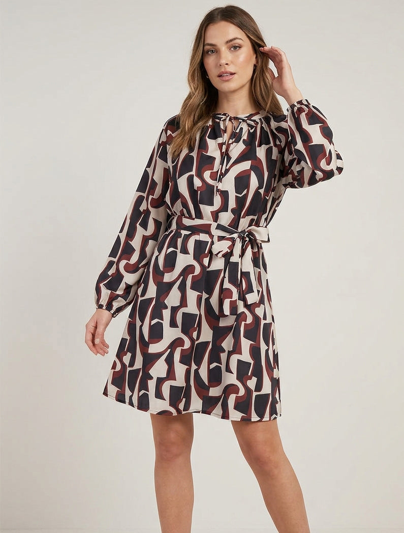Robe satinée col noué imprimé graphique - Noir
