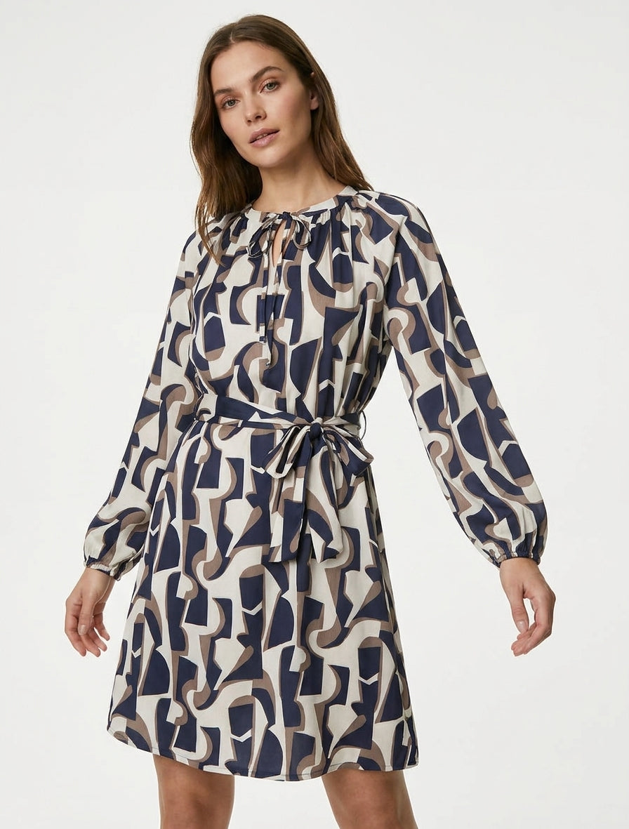 Robe satinée col noué et taille élastiquée - Marine