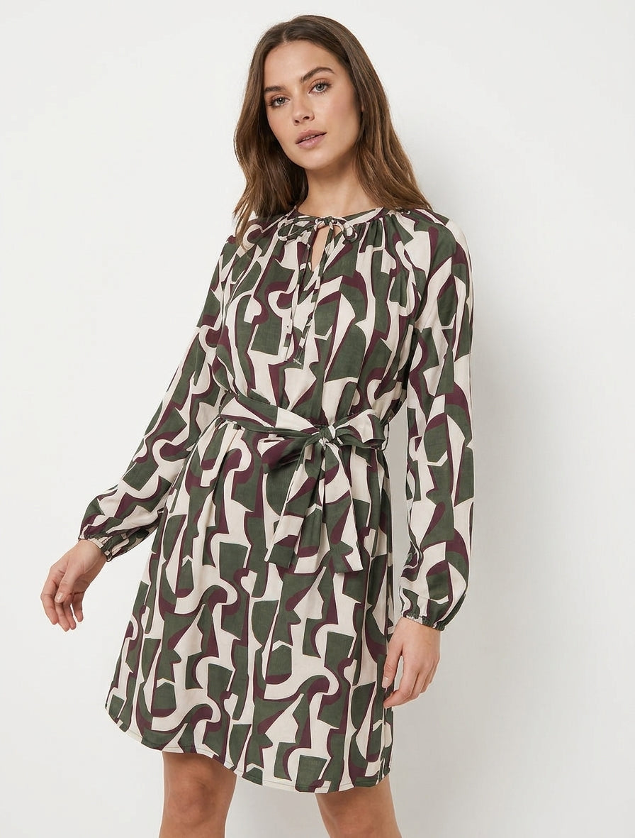 Robe satinée évasée à col noué - Kaki