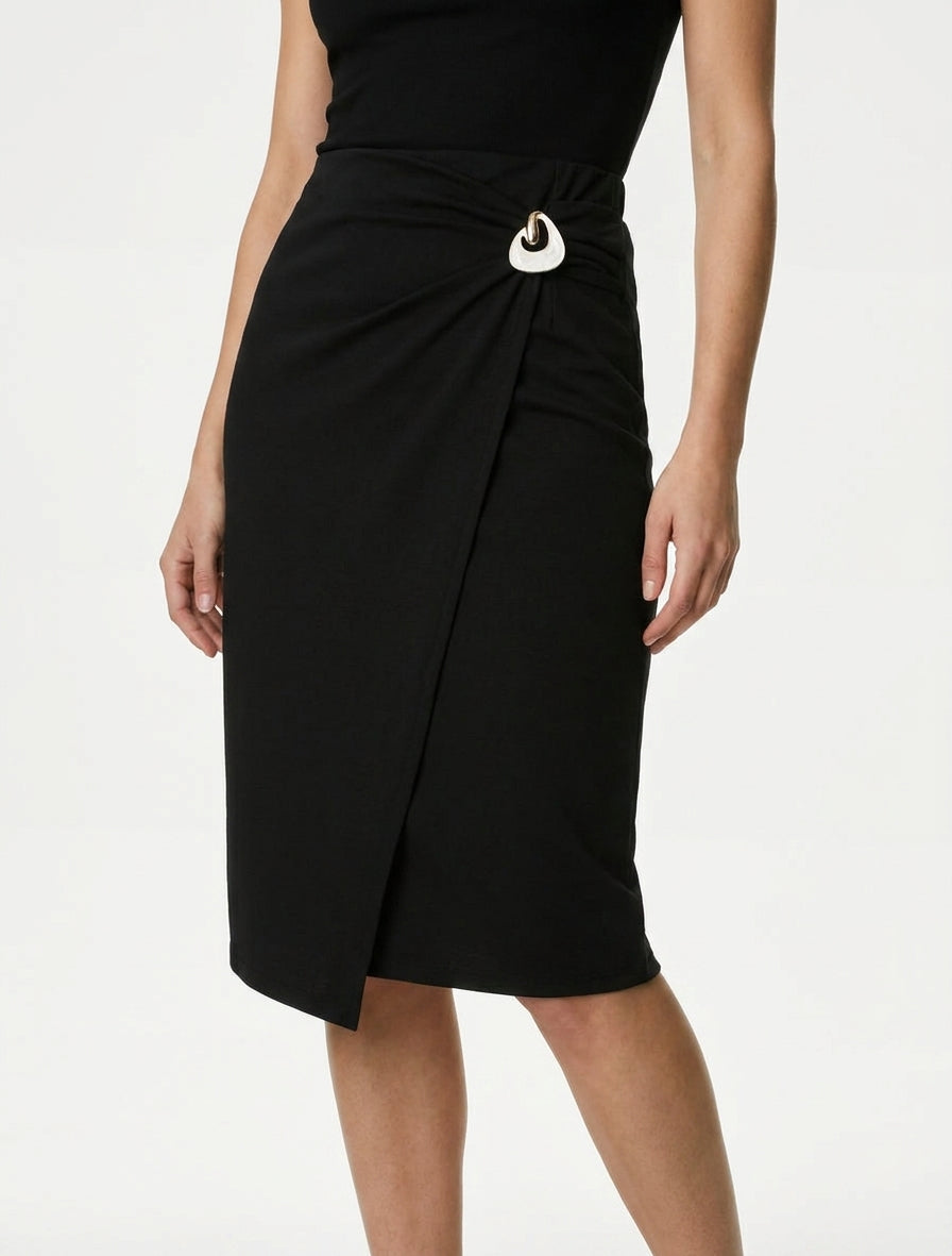 Jupe midi portefeuille à taille ornée - Noir