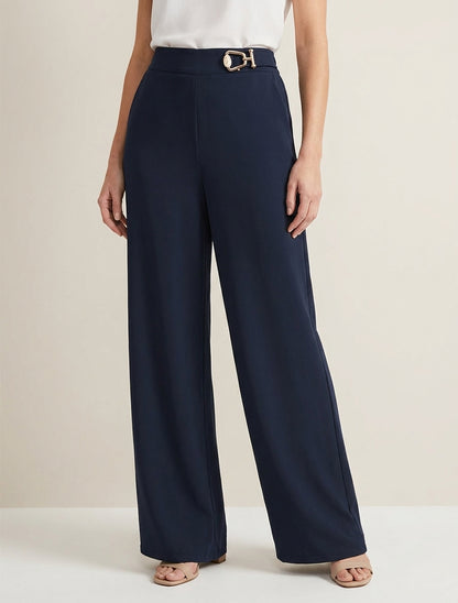 Pantalon fluide taille haute à bijou - Marine