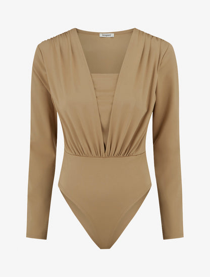Body ajusté à col V et manches longues - Beige - 1